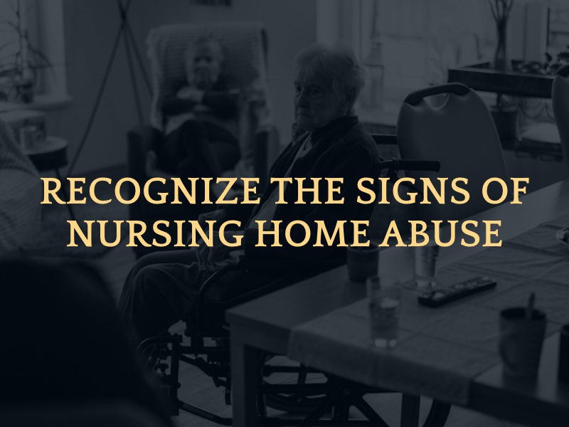 elderly woman in wheelchair with text caption: "recognize the signs of nursing home abuse"