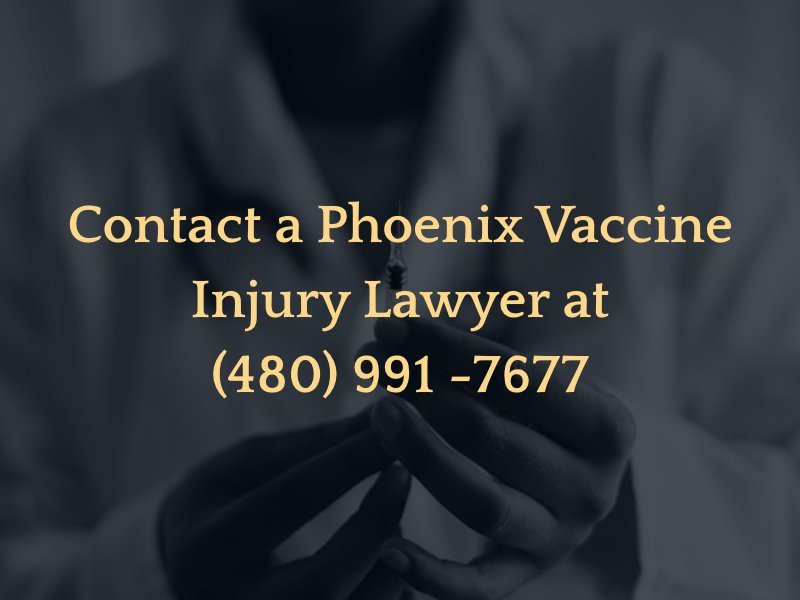 doctor holding vaccine needle with caption: "contact a phoenix vaccine injury lawyer at (480 991 - 7677"