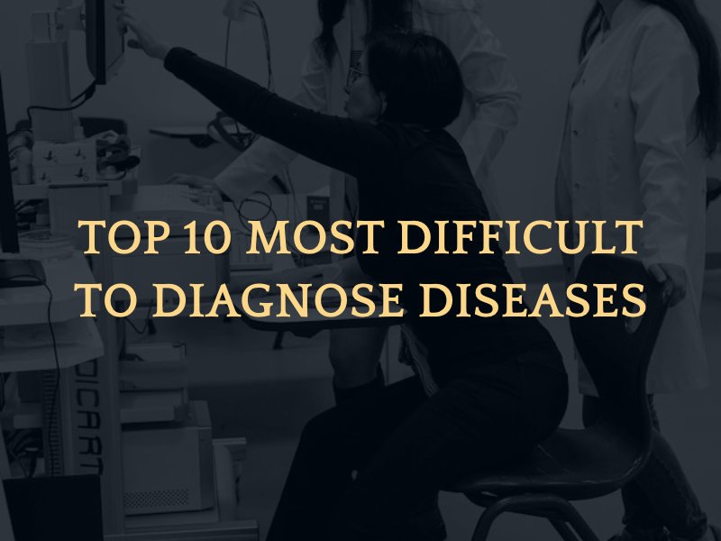 doctors pointing at test results with the text caption: "Top 10 Most Difficult. to Diagone Diseases"