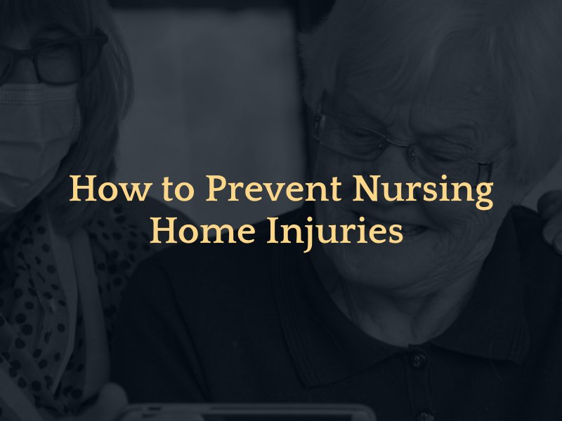 elderly woman smiling with caption: How to Prevent Nursing Home Injuries 